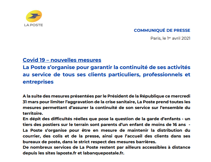 [#TousEngagés] #LaPoste s’organise pour garantir la continuité de ses activités au service de tous ses clients particuliers, professionnels et entreprises. #Covid19 
Pour en savoir plus ➡️ urlz.fr/fiKP