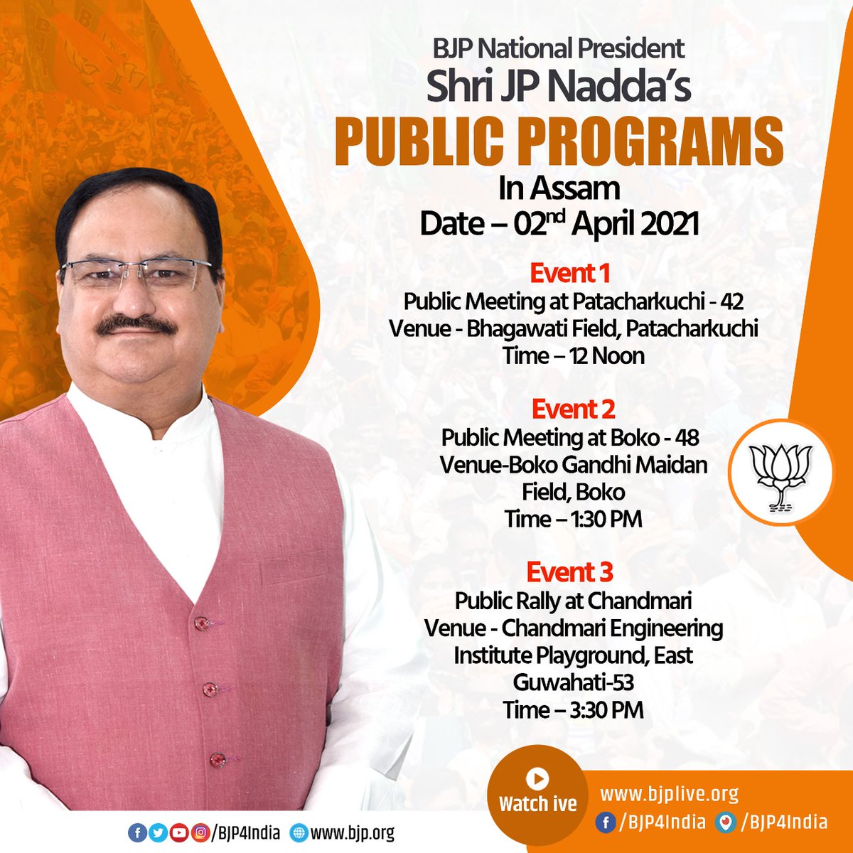 MundaArjun's tweet photo. BJP National President Shri @JPNadda ji will address public meetings on 2nd April 2021 in Assam.

Watch on

• https://t.co/4uWaiETv4U
• https://t.co/fWZSwwiieY
• https://t.co/JbjbhYfDck
• https://t.co/owECxprma1 https://t.co/25iXda5ygX