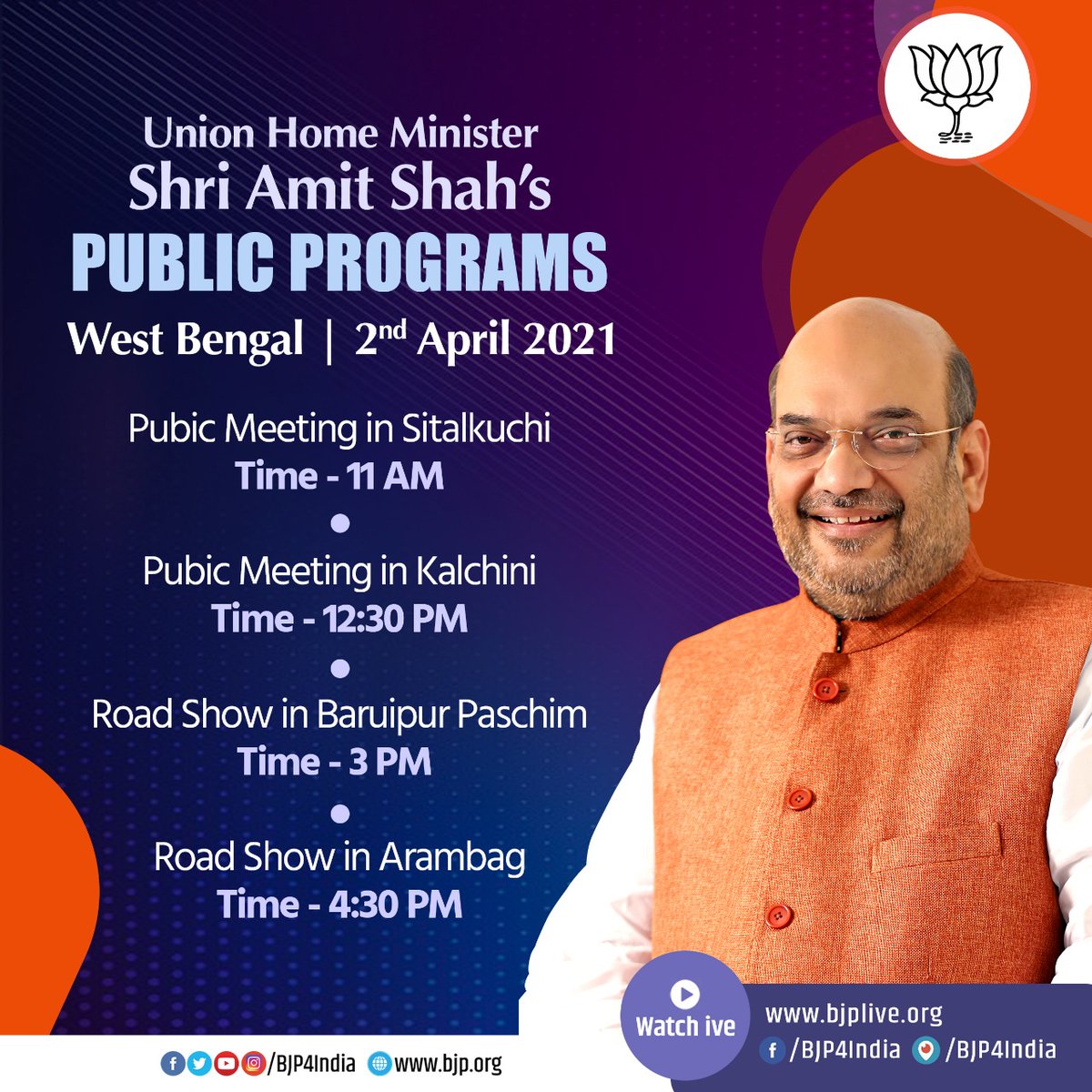 MundaArjun's tweet photo. Schedule of Union Home Minister Shri @AmitShah ji's public programs on 2nd April 2021 in West Bengal.

Watch on

• https://t.co/4uWaiETv4U
• https://t.co/fWZSwwiieY
• https://t.co/JbjbhYfDck
• https://t.co/owECxprma1 https://t.co/yJrug3JzfM