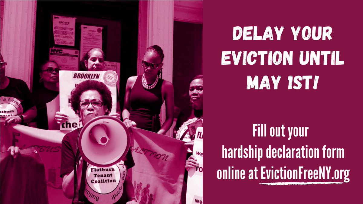 RTCNYC's tweet photo. Did you know? Most tenants can delay their evictions until May 1st if they submit a hardship declaration form. Tenants can now submit the form online using our https://t.co/KLBn6yWwAp website! #EvictionFreeNY #FightToStay #DeclareHardship https://t.co/Q2CuMwfWFr