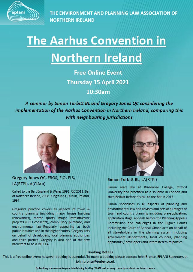 EPLA_NI's tweet photo. We are delighted to host our first (virtual) event of 2021 on the 'Aarhus Convention in Northern Ireland' which will be presented by Simon Turbitt BL &amp; Gregory Jones QC on 15 April, 10:30am. Booking now open! https://t.co/mM50d7a3Az