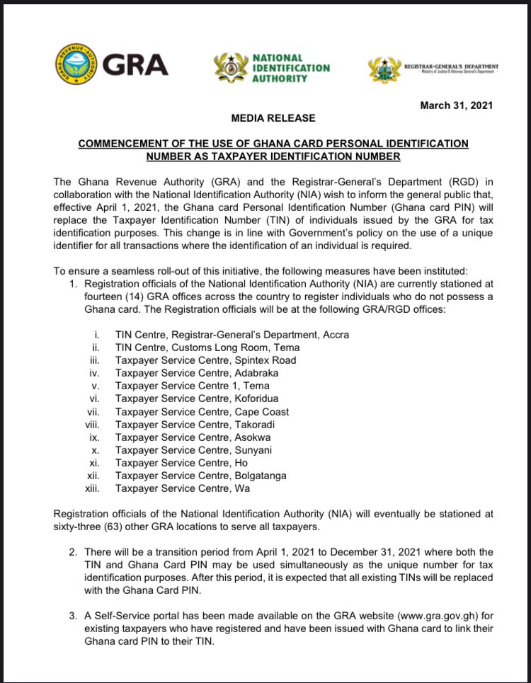 92_1fm's tweet photo. Commencement of the use of Ghana card personal identification number as taxpayer identification number.
https://t.co/QtZLKfKow4 https://t.co/uFj073KGxi