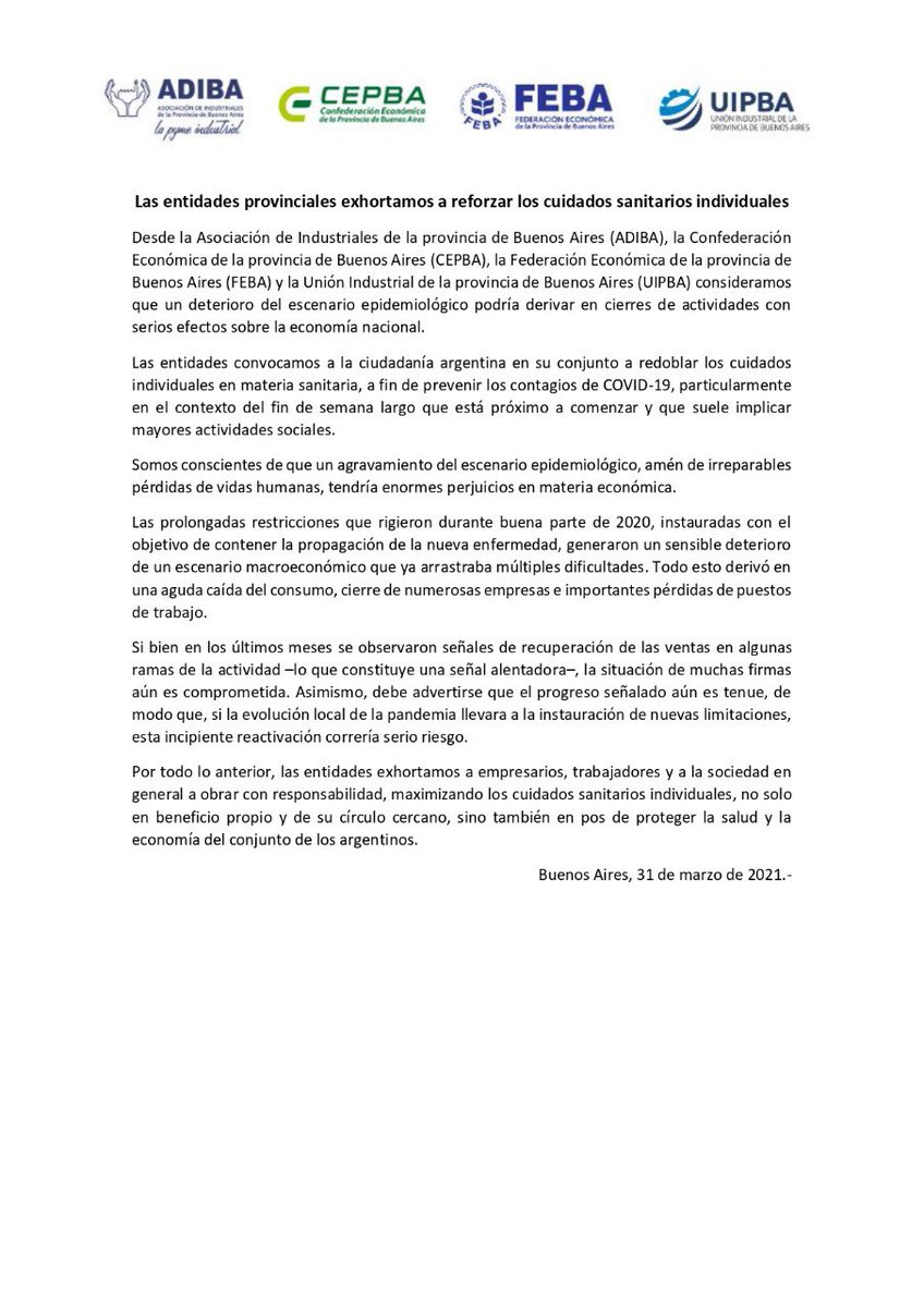UIPBA's tweet photo. 🔴COMUNICADO: las entidades provinciales exhortamos a reforzar los cuidados sanitarios individuales https://t.co/hBdXOhq9hK