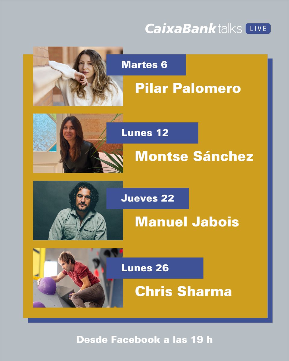 XperienceCABK's tweet photo. 🎥Próximamente en #CaixaBankTalksLive vamos a compartir la experiencia de la directora de cine 
@PilarPalomero, la especialista en #TCA Montse Sánchez, el periodista @ManuelJabois y el escalador @SharmaClimbing.

Muy pronto👉🏻 https://t.co/6MOlQEyWii 

#CaixaBankExperience https://t.co/U9Q1pvz5xA