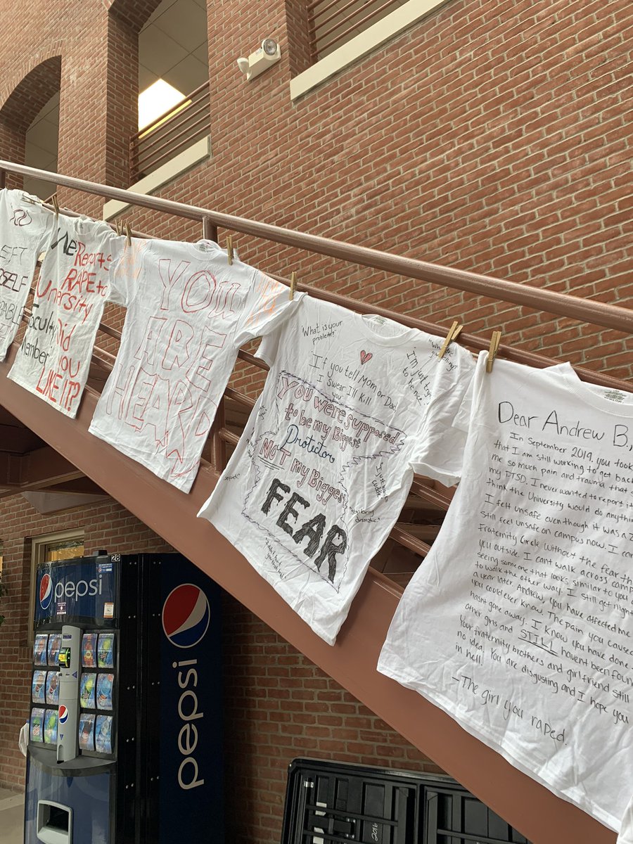 _reinabritt_'s tweet photo. April is Sexual Assault Awareness month so to start it off, Safe Haven and Elevate set up the Clothesline Project in the Student Center. These shirts just prove how much the University and society needs to make moves towards survivor friendly change. https://t.co/9ZXH1ws346