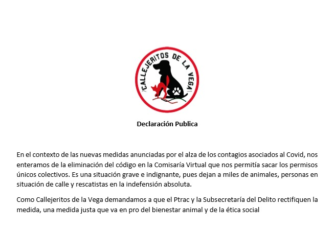 callejeritosDLV's tweet photo. necesitamos de tu ayuda y difusión, los animales y las personas en situación de calle no pueden quedar sin comer y sin los tratamientos médicos, ya no aparece el código en comisaría virtual, tenemos permisos hasta mañana https://t.co/Mna0raSfak