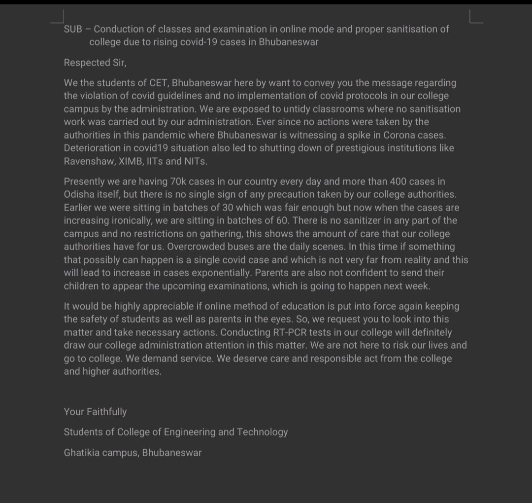 AnimeshSwain10's tweet photo. As we all aware of the situation that covid cases are rising again , we are demanding online classes and exams for sometime. As soon as we get vaccinated we will eagerly join classes and will give exams. @otvnews @CMO_Odisha @narendramodi @DrRPNishank @GovernorOdisha @AmitShah https://t.co/fc5m67PAQI