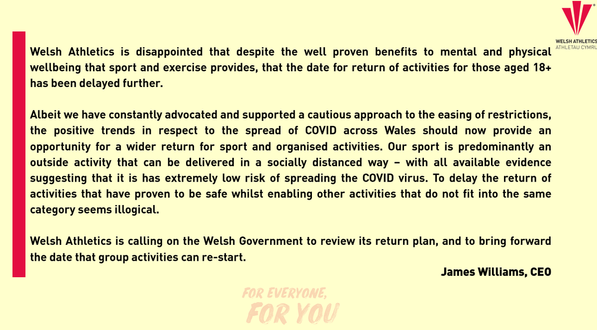 Following the most recent <a href="/WelshGovernment/">Welsh Government</a> announcement on proposed dates for a return to organised outdoor activities, we feel compelled to issue the below statement. More here: orlo.uk/XqxbJ #KeepWalesHealthy