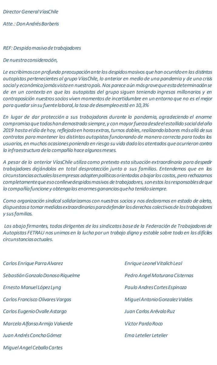 Los despidos en el grupo <a href="/ViasChile/">VíasChile</a> en medio de la peor pandemia a nivel mundial <a href="/Abertis/">Abertis</a> <a href="/mop_chile/">Ministerio de Obras Públicas🇨🇱</a> <a href="/AssaSindicato/">SindicatoTrabajadoresASSA</a> <a href="/SindicatoACSA/">SindicatoAutopistaCentral</a> <a href="/DirecDelTrabajo/">Dirección del Trabajo</a> <a href="/autopistaelqui/">Ruta del Elqui</a> <a href="/autopista68/">Rutas del Pacífico</a> <a href="/AutopCentral/">Autopista Central</a> <a href="/autopista57/">Ruta Libertadores</a> <a href="/autopista60/">Autopista Los Andes</a> <a href="/Autopase/">Autopase</a>