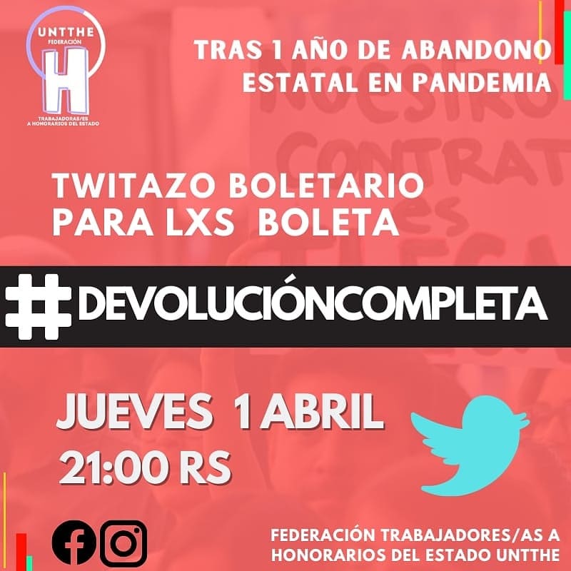 untthe_mcn's tweet photo. Si boleteas y necesitas tu #DevolucionCompleta AYÚDANOS compartiendo tras la ausencia  del gob. HOY a las 21:00  TWITAZO BOLETARIO  con todo! Ley corta ahora! Al dar RT incluye
*#DevoluciónCompleta #HonorariasEnAlerta #HonorariosEnAlerta #NoMásPrecarización. https://t.co/gJZ9d5J9Ot