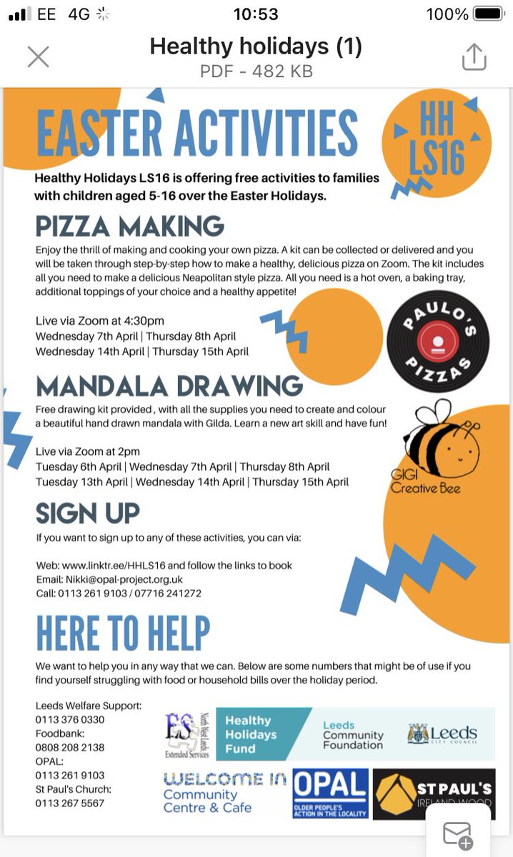 esnwcluster's tweet photo. With the Easter holidays nearly upon us. FREE ZOOM PIZZA MAKING AND MANDALA DRAWING SESSIONS WITH FREE KITS PROVIDED!!
Priority for places will be given to those eligible for free schools meals and those aged between 5-16 in the LS16 area 
#HealthyHolidaysLeeds #LeedsCommFound https://t.co/DwgnSMDReK