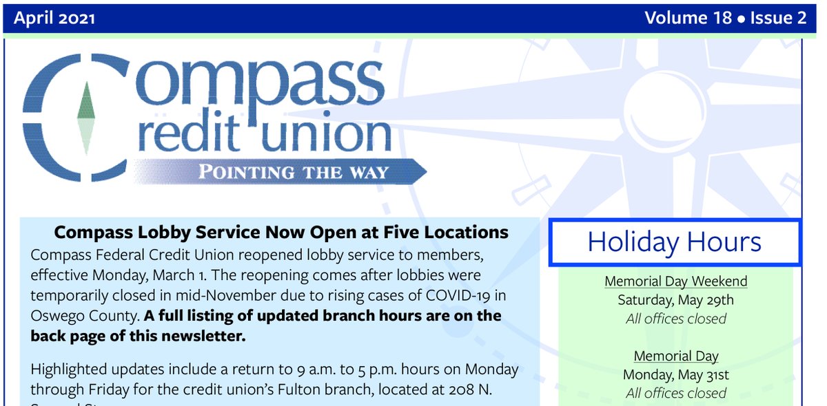 CompassFCU's tweet photo. The April issue of Compass Federal Credit Union's quarterly newsletter is now available for download through the new Compass FCU website.  Visit the link below to view or download.
April 2021 Here: https://t.co/umNme6lzaK https://t.co/yRxgcndm2q
