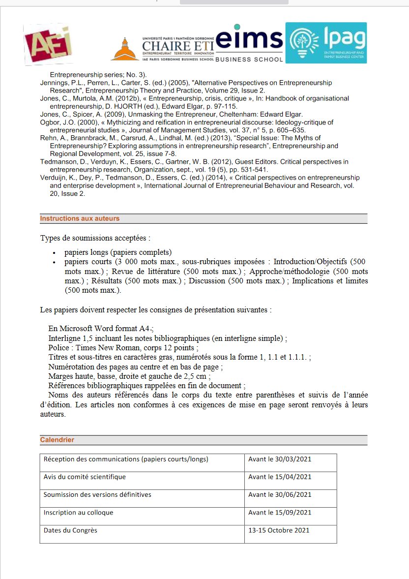 Vous avez jusqu'au... 30 AVRIL pour soumettre votre communication à notre atelier dédié aux Éclairages Critiques en Entrepreneuriat (co-organisé avec Amélie Jacquemin et Amira Laifi). 

aei2021.com/assets/tracks/…