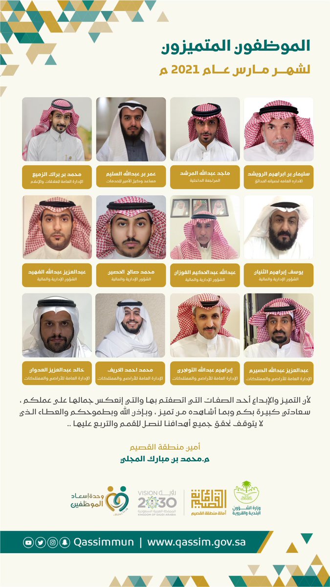Qassimmun's tweet photo. الموظفون المتميزون لوكالات وإدارات #أمانة_منطقة_القصيم خلال شهر مارس ٢٠٢١م https://t.co/kGhahu6BHP