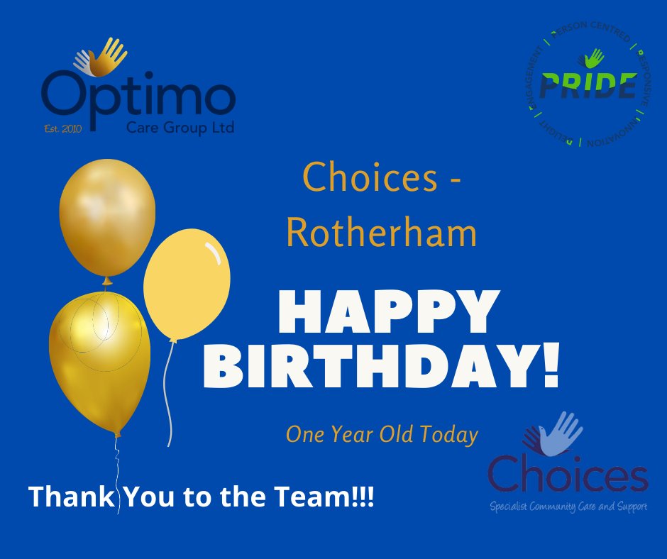 OptimoCare's tweet photo. Choices Rotherham - Happy 1st Birthday!

Thank you to all the Team for your hard work and support in what has been a challenging 12 months.

#Optimo #PRIDE #Choices https://t.co/Cqy2KPFRpn