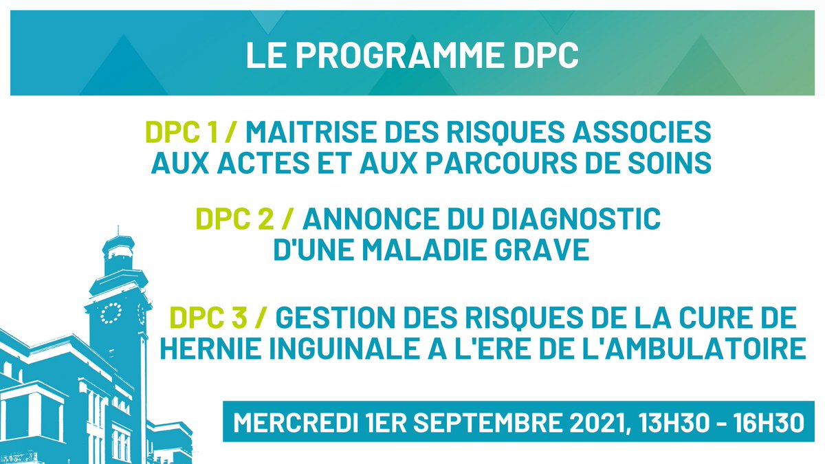Inscrivez-vous dès maintenant à l'une des sessions DPC proposées mercredi 1er septembre de 13h30 à 16h30 au Paris Beffroi-de-Montrouge !
&gt; lnkd.in/d-W-qCU
NB : une inscription tardive vous expose à la non prise en charge de celle-ci au titre du DPC.
#congresafc #chirurgie