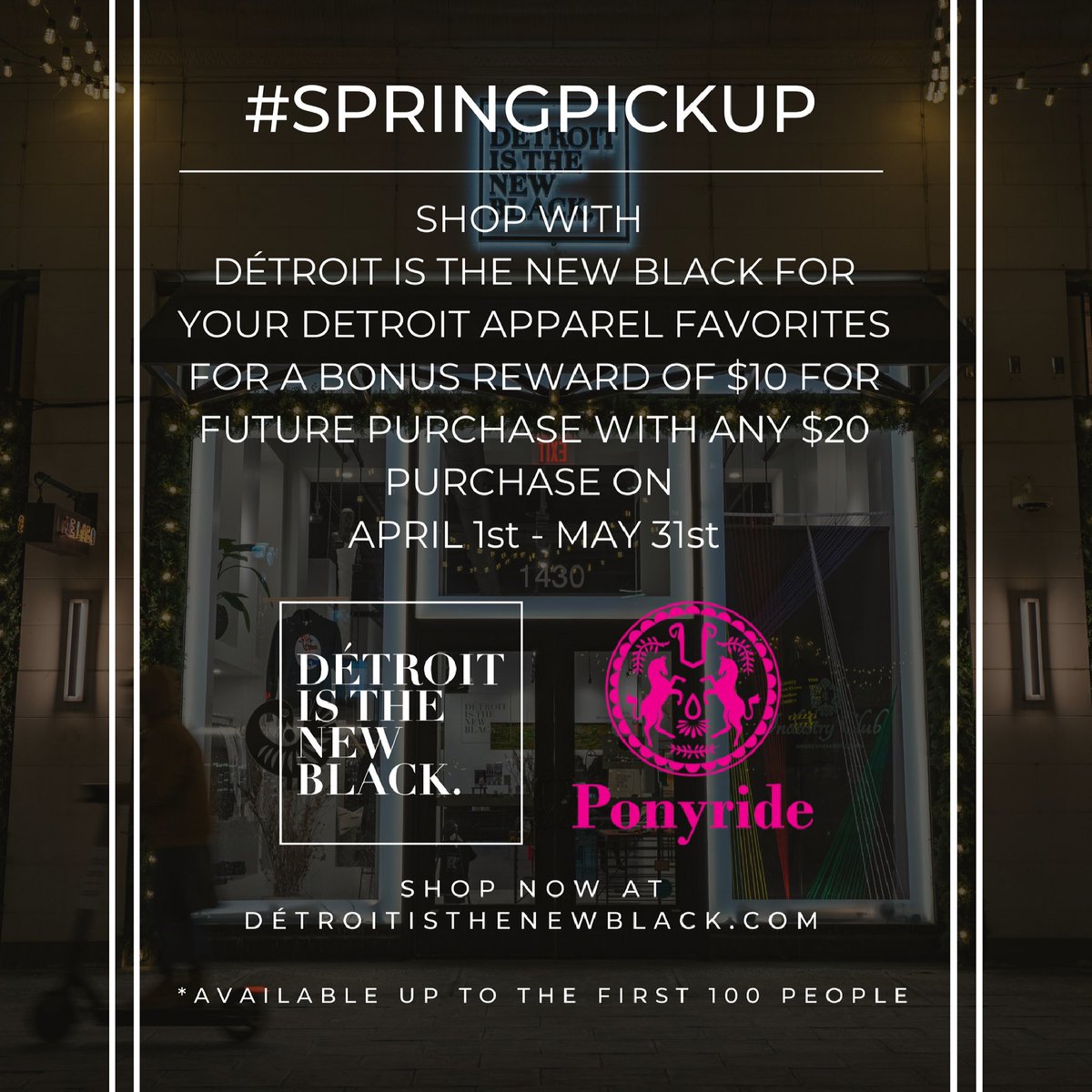 It’s time to refresh your wardrobe! #SpringPickUp is underway at <a href="/DITNB/">DITNB</a>! Customers will receive a $10 reward when they spend $20 or more to be used on a future purchase.   

Enter the code "SPRINGPICKUP" at checkout and your discount will be sent within 24 Hours of purchase.