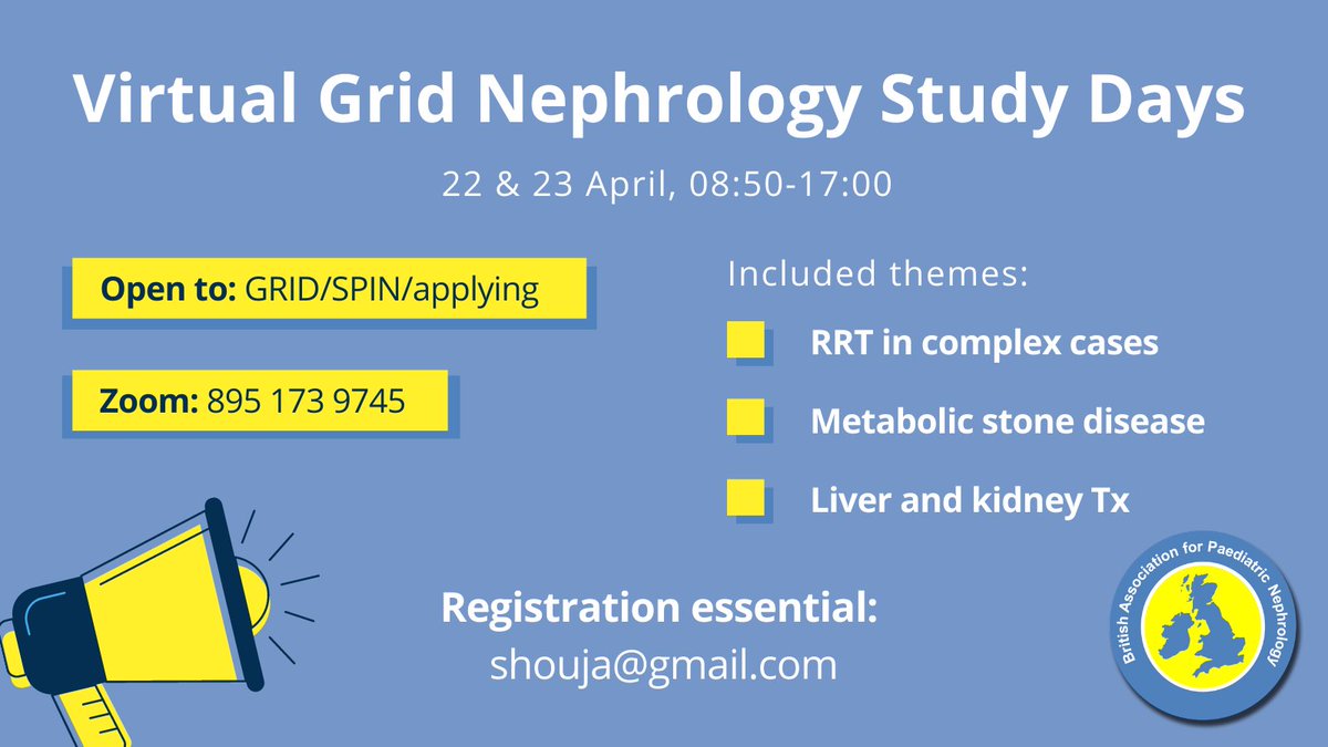 UKKidney's tweet photo. INVITE FOR TRAINEES:
Study days for #paediatric #trainees - 𝟮𝟮 & 𝟮𝟯 𝗔𝗽𝗿𝗶𝗹 @BAPNnephrology
Open to: GRID/SPIN/Applying
Covering a range of topics including transplants, #hyperoxaluria, #CKD, PUV, radiology & youth work
Register your interest today! https://t.co/VETxvkgQGR