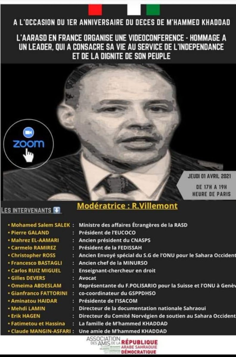 Jadiyetumohtar's tweet photo. Today we remember Mhamed #Khadad, Head of Frente #POLISARIO Inter. Relations Committee, who died on 1 April last year. It is an occasion to pay tribute to the memory of all #Sahrawi men and women who have laid down their lives for the freedom and #independence of our great people https://t.co/qFlzlmPLny