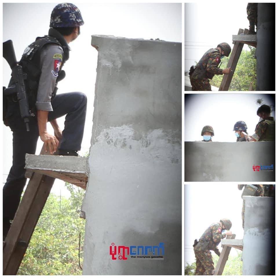 MayEaindraSoe's tweet photo. Photo evidence of Riot soldiers and polices climbing high places and shooting endlessly at unarmed civilians as their usual in Monywa. They seized one woman &amp; three men today. 
SUPPORT FEDERAL ARMY
#Apr1Coup
#WhatsHappeningInMyanmar https://t.co/o2lwN6b6kN