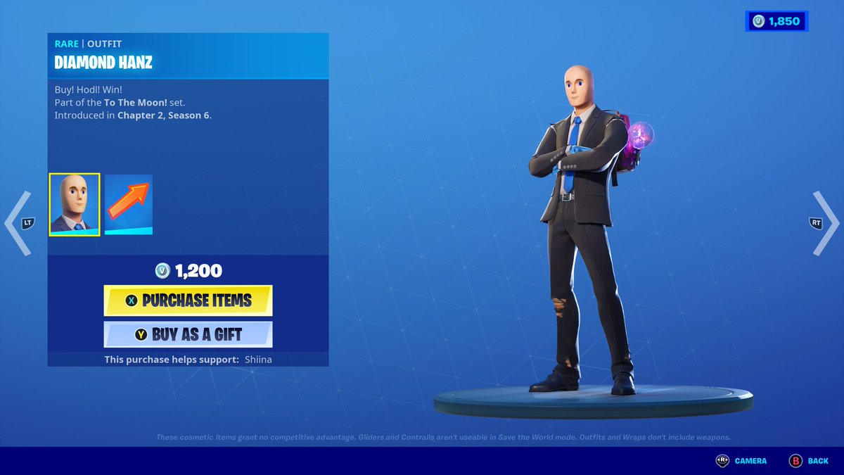 Shuttlecock's tweet photo. For the opening of the stock market on April 1st, Epic Games added a skin to Fortnite based on the stonks meme.

Love the "Hodl!" in the description lol. Skin wasn't added with the shop update this morning. Fun surprise for those playing when it went live. #stonks https://t.co/VUHCVzNXDz