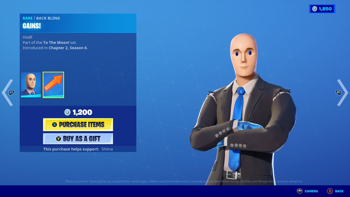 Shuttlecock's tweet photo. For the opening of the stock market on April 1st, Epic Games added a skin to Fortnite based on the stonks meme.

Love the "Hodl!" in the description lol. Skin wasn't added with the shop update this morning. Fun surprise for those playing when it went live. #stonks https://t.co/VUHCVzNXDz