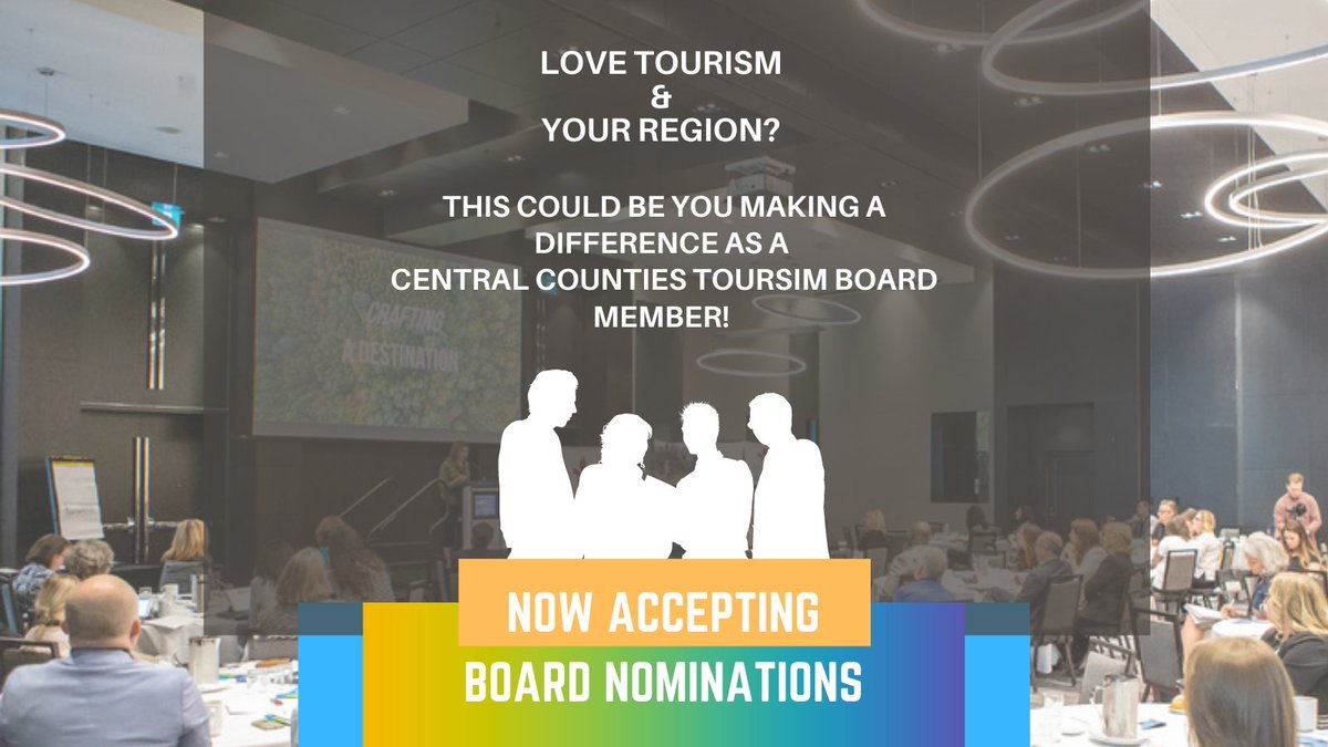 If you love the tourism industry &amp; are interested in contributing your knowledge &amp; experience to help grow tourism in Central Counties, we're seeking volunteers for our Board of Directors. Nomination Deadline 04/21/2021. Details can be found here. bit.ly/2Pri4H9