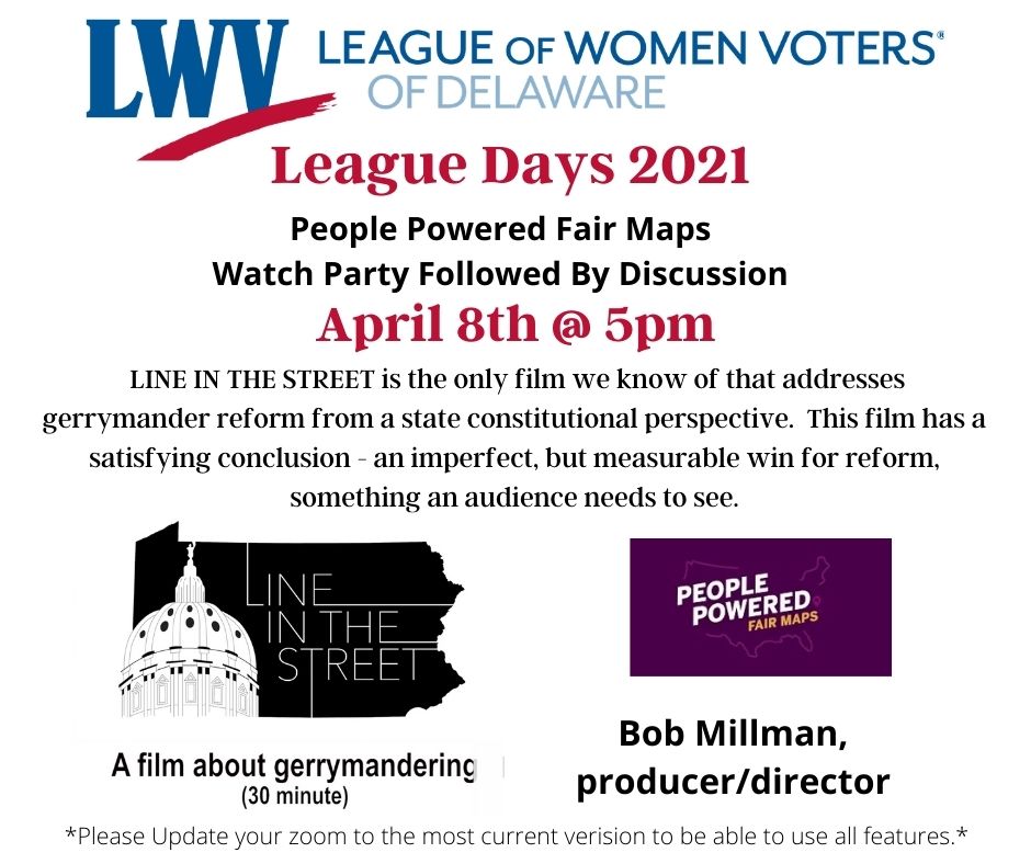 Join LWVDE for a movie screening and panel discussion on gerrymandering. Thurs, 4/8 at 5pm. Register at link in post.