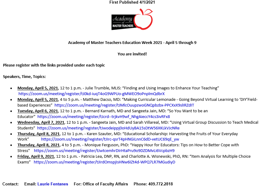 .<a href="/amtutmb/">@AMTUTMB</a> Education Week is coming soon! UTMB educators, see the list of presentations from some of our AMT members taking place the week of 4/5. Links to register for each one available in Daily Announcements: utmb.edu/announcements/…