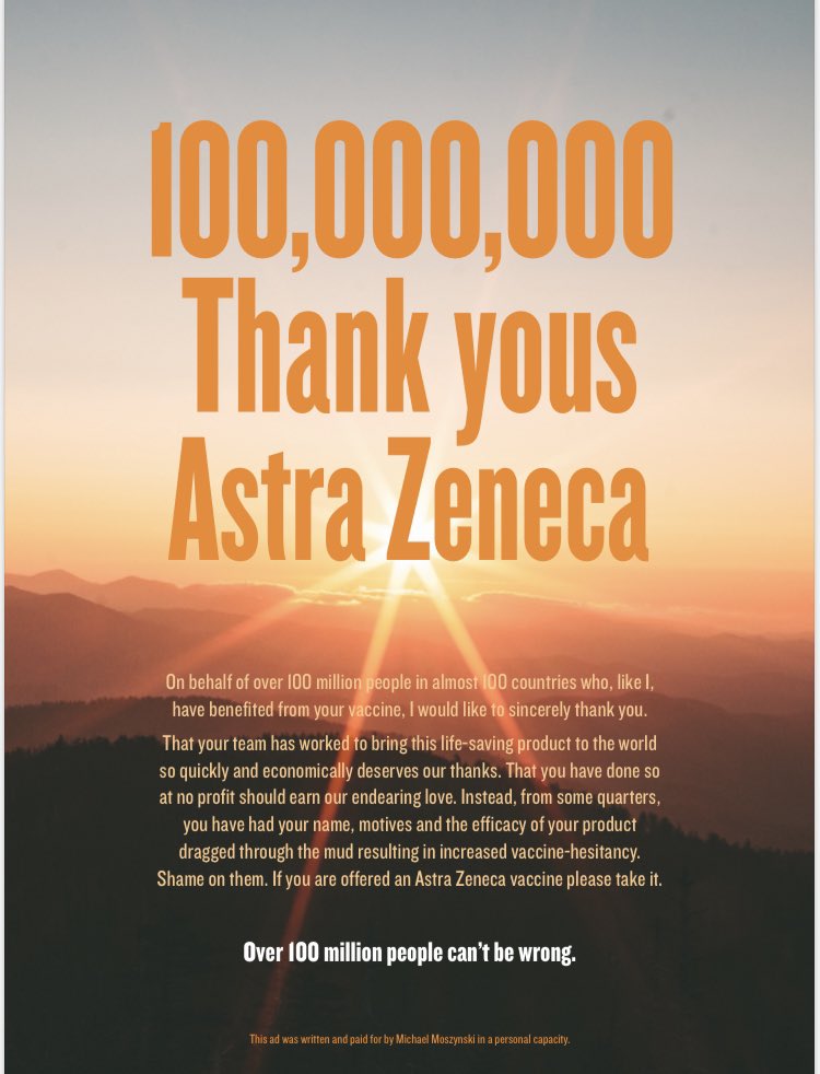 LONDONadman's tweet photo. The disgraceful Okey-kokey roll-out of the @AstraZeneca vaccine and disparaging comments by certain leaders has led to increased vaccine hesitancy everywhere. If you agree please RT this ad I paid to run in U.K. media today. Also very unfair to staff at AZ @MenePangalos https://t.co/996Y5E2cMA