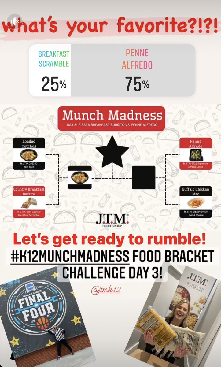 Alison_JTM's tweet photo. Go, Alfredo!! Day 3 #k12munchmadness winner is Penne Alfredo! 

The food bracket #BigDance is here! Which NSLP is king, Penne Alfredo 🍝 vs. Loaded Tachos 🌮?! @JTM_K12 @JoseDivaJTMK121 https://t.co/7G5Y0sH2rc
