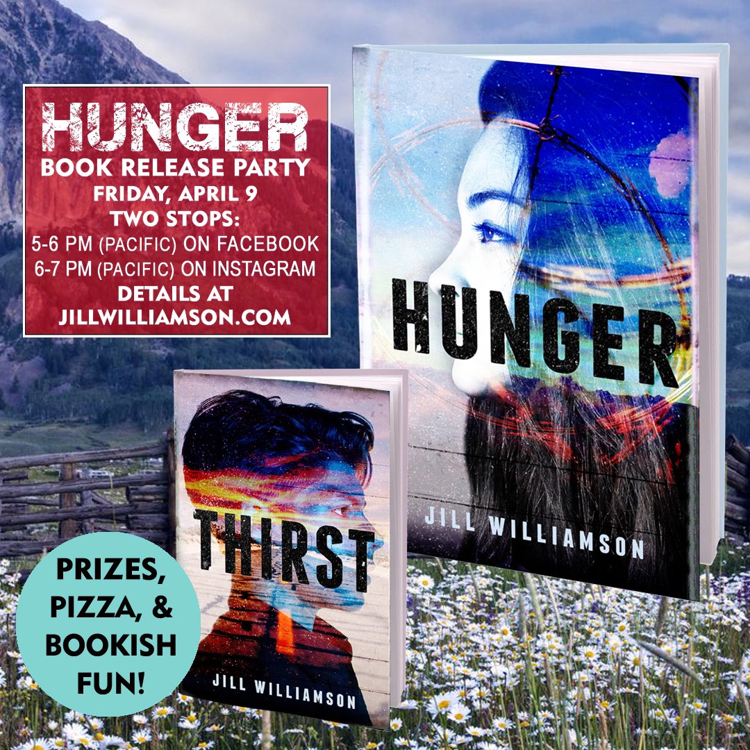 JillWilliamson's tweet photo. One week until the release of Hunger! 🎉 Next Friday, April 9, I'm hosting back-to-back celebrations. I hope you can come to one--or both! Here are the details:

Facebook from 5-6 PM (Pacific): https://t.co/HN7OJpKd2V

Instagram from 6-7 PM (Pacific) @jill_williamson_author https://t.co/ZiQVWY2aes
