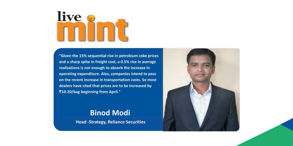 indusindmoney's tweet photo. Cement companies eye further price hikes, as demand outlook improves

@livemint 

#CementSector #PriceHike #DemandOutlook #Economy #RelianceSecurities https://t.co/skms5jAY8s