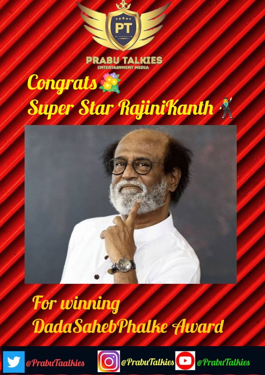Congratulations🎉 to Superstar @rajinikanth garu on being awarded with the prestigious #DadaSahebPhalkeAward. 

#Rajinikanth #DadasahebPhalkeAward 
#prabusolomon #Superstar #SuperstarRajinikanth