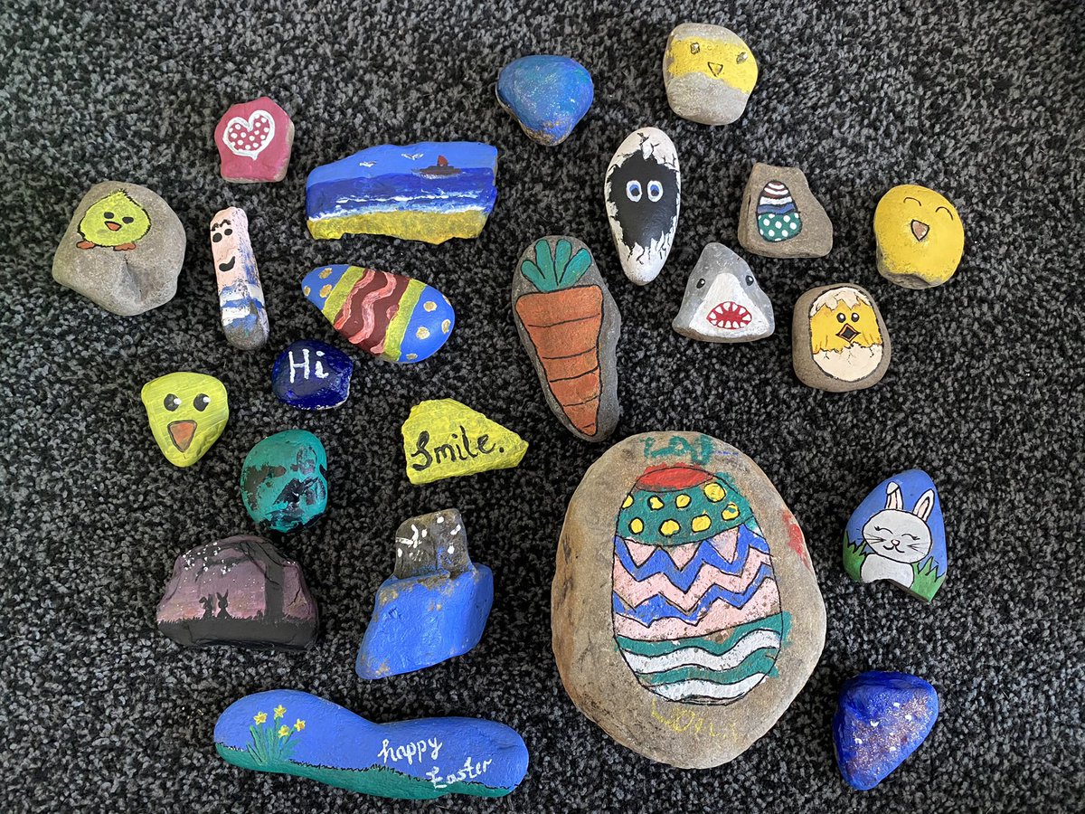 Suze_k_'s tweet photo. @MrsCrerar @MissCSwan_ @DunipacePta K &amp; L have been busy painting rocks, ready for hiding tomorrow, will post some clues. #easterrocks https://t.co/uHYAdVyh4E