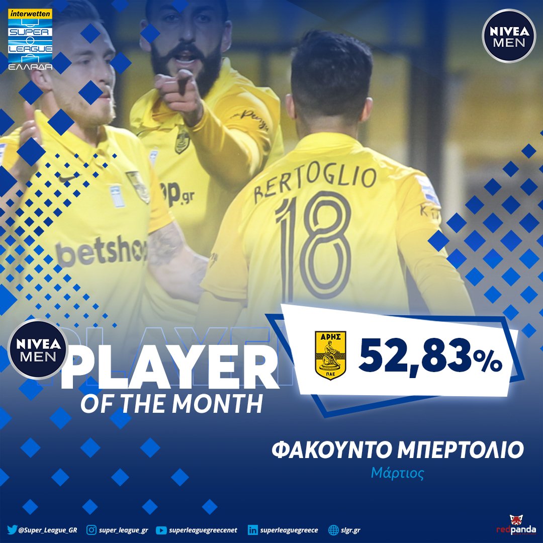 Super_League_GR's tweet photo. 🏆 NIVEA MEN Player of the Month του Μαρτίου ο Φακούντο Μπερτόλιο του @ARIS__FC 

#slgr #potm #March #Bertoglio #Arisfc https://t.co/NcbLHMMDU0