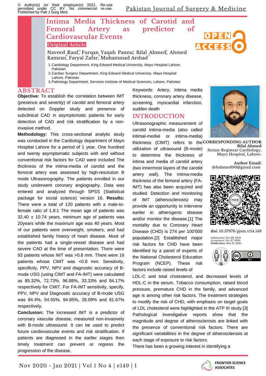 #Original_Article Vol 1 No 4 Pak J Surg Med | Intima Media Thickness of Carotid and Femoral Artery as predictor of Cardiovascular Events | Rauf N et al
pjsm.com.pk/2021/03/10/int…
#PakAcademic