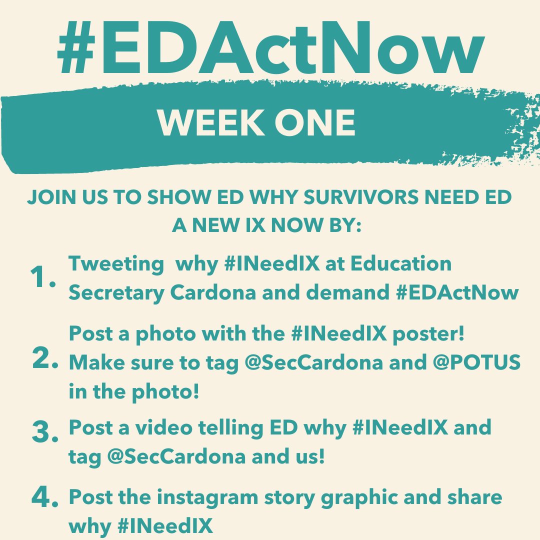 Join or Sexual Assault Awareness Month of Action to demand #EDActNow on Title IX to: 
1⃣Rescind and rewrite DeVos Title IX rule 
2⃣Issue interim guidance
3⃣Conduct a listening tour with student survivors 
4⃣Ensure survivors can file complaints when their rights are violated