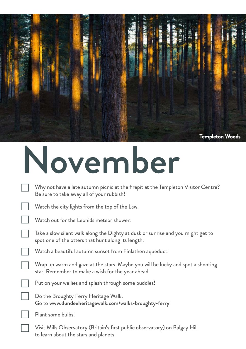 It's November! The days are getting shorter but there is still so much to explore outdoors! For some inspiration have a look at these activities:

The full calendar can be found here: greenhealth.scot/sites/default/…

#GreenHealth #Dundee #Nature #Health <a href="/DundeeCouncil/">Dundee City Council</a>