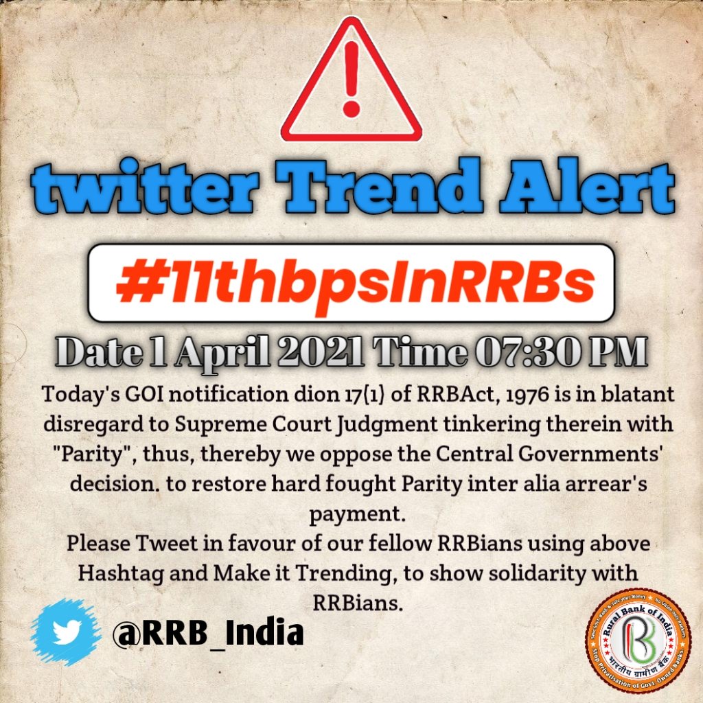 RRB_India's tweet photo. #11thbpsInRRBs 
#injusticeWithRRBs 
Today's GOI notification dion 17(1) of RRBAct, 1976 is in blatant disregard to Supreme Court Judgment tinkering therein with "Parity", thus, thereby we oppose the Central Govt' decision. to restore hard fought Parity inter alia arrear's payment https://t.co/1mdOJEUKJQ