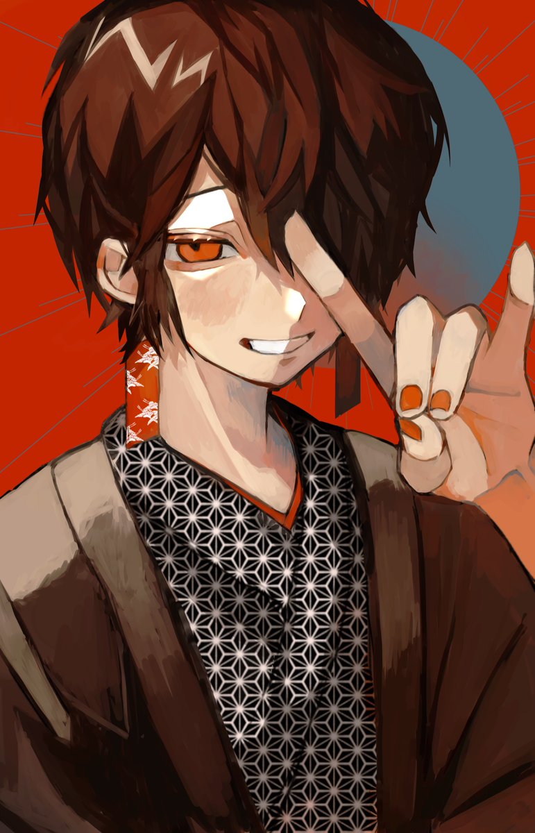solo male focus japanese clothes 1boy smile brown hair kimono  illustration images
