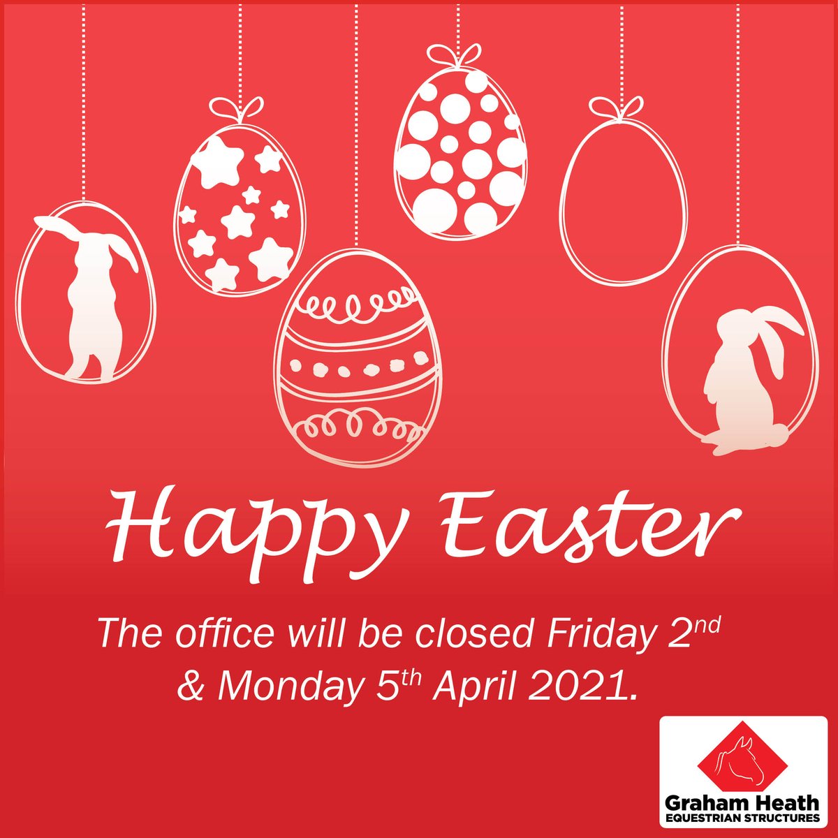 Happy Easter from all the team at Graham Heath Equestrian 🐰
We are closed today Friday 2nd &amp; Monday 5th April 2021 and will be back in the office at 8am on Tuesday 6th April. In the meantime you can complete our online quote form: gh-equestrian.co.uk/quotation/
#equestrian #steelframe