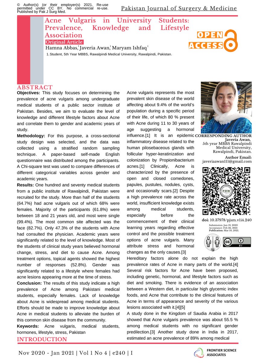 #Original_Article Vol 1 No 4 Pak J Surg Med | Acne Vulgaris in University Students: Prevalence, Knowledge and Lifestyle Association | Abbas H et al
pjsm.com.pk/2021/03/10/acn…
#PakAcademic