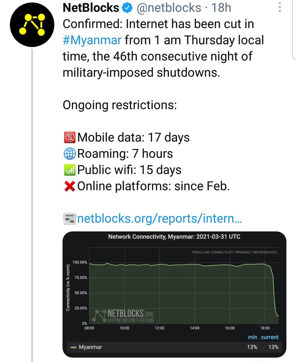 Some in #Myanmar receiving messages from telcos informing them that wireless broadband internet will be shut down from April 1 until further notice. No explanation given except it's a ministry instruction. Country has already been facing net restrictions #WhatsHappeningInMyanmar