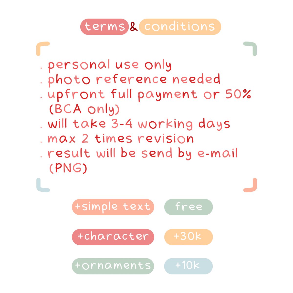 [RTs ARE VERY APPRECIATED]

HALOOOO!!! Aku open commission loh, pricelistnya sudah tertera dibawah ini—kalo tertarik atau mau tanya-tanya dulu boleh langsung DM ya, terimakasih 😊🎉

#opencommission #commission #artidn