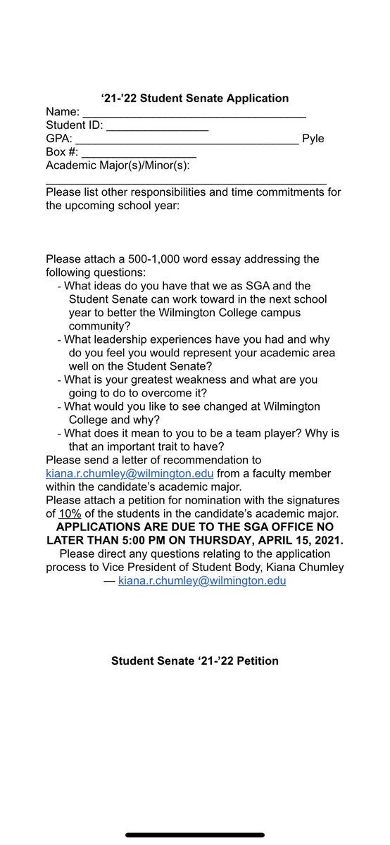 WC_SGA's tweet photo. Interested in joining student senate next year? Applications are available starting today in the SGA office! If you have any questions of want to know more please contact Kiana Chumley at kiana.r.chumley@wilmington.edu https://t.co/RvVI6jz3Xw
