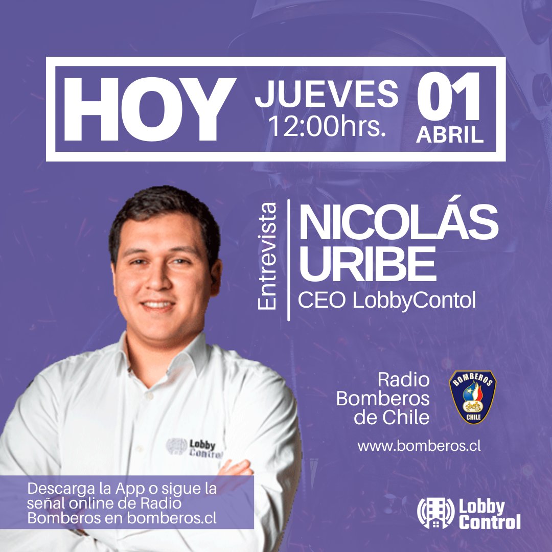 LobbyControlCL's tweet image. Hoy a las 12:00 horas. nuestro CEO Nicolás Uribe estará en @Radio_bomberos conversando sobre nuestro sistema de gestión de emergencias LobbyControl.

Los invitamos a seguir la transmisión en la señal online de Radio Bomberos en bomberos.cl/online/radio/r… o a través de la APP