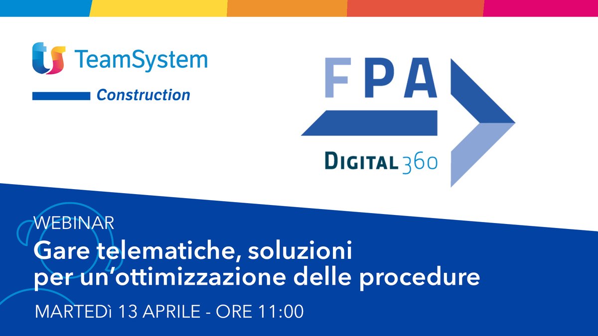 TeamSystem Construction è sponsor dell’evento organizzato da Forum PA “Gare telematiche, soluzioni per un’ottimizzazione delle procedure”, che si terrà martedì 13 aprile 2021, ore 11:00-12:00. Info e iscrizioni a questo link bit.ly/3m9pJWB