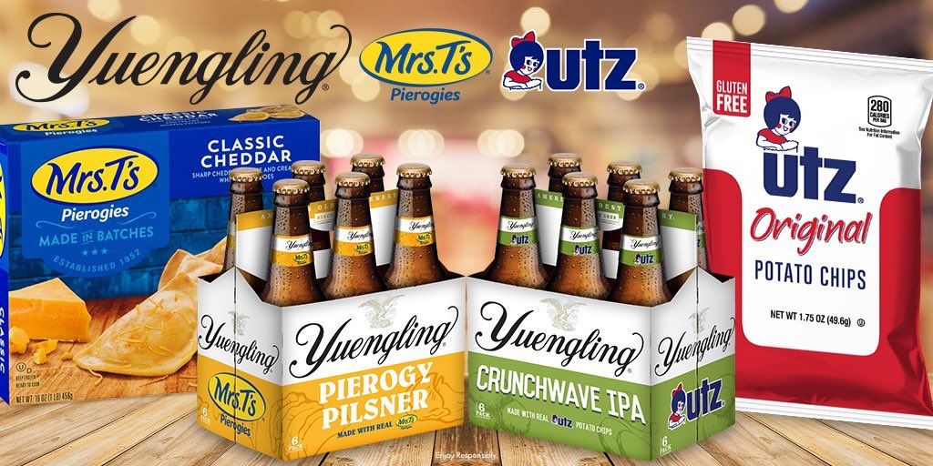 yuenglingbeer's tweet photo. Rolling out our PA Party Pack collabs — our Pierogy Pilsner, a smooth 
brew featuring the inimitable @MrsTsPierogies in every sip, &amp; our 
@UtzSnacks Crunchwave IPA — crisp, zippy and ready to partyyy.
Legal wants to add that “you can’t actually buy this beer.” #AprilFools https://t.co/pvsakPSHT7
