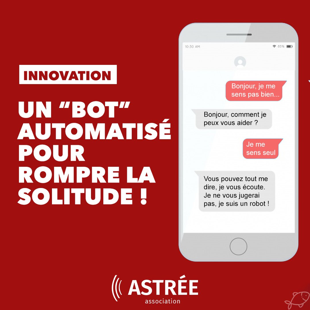 asso_astree's tweet photo. ✅ #INNOVATION : 
Pour apporter un soutien au plus grand nombre en cette nouvelle période de #confinement, @asso_astree lance un "bot" automatisé 🤖capable d'apporter un soutien à distance à celles et ceux qui se sentent seuls. 📱 https://t.co/F0X9aYzqzp
